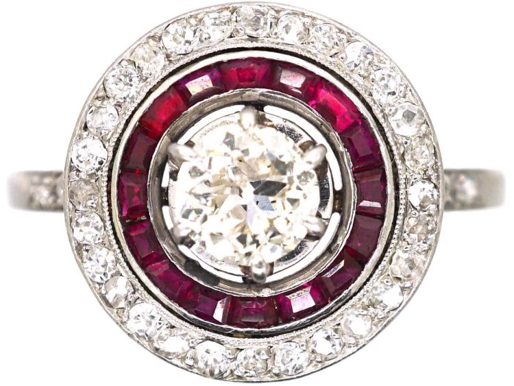 French Art Deco Platinum Target Ring set with Diamonds & Rubies