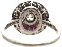 French Art Deco Platinum Target Ring set with Diamonds & Rubies