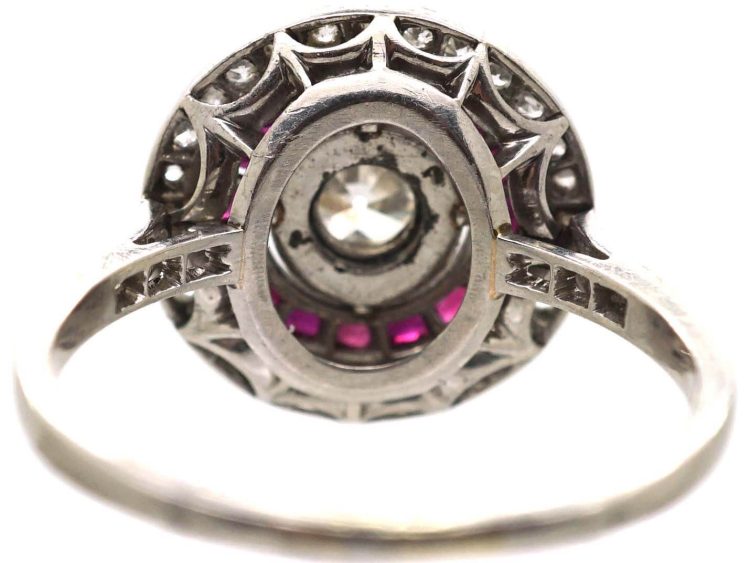 French Art Deco Platinum Target Ring set with Diamonds & Rubies