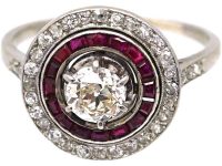 French Art Deco Platinum Target Ring set with Diamonds & Rubies