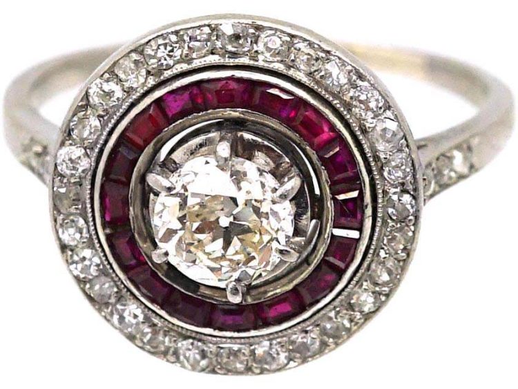 French Art Deco Platinum Target Ring set with Diamonds & Rubies