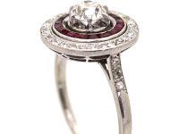 French Art Deco Platinum Target Ring set with Diamonds & Rubies