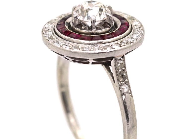 French Art Deco Platinum Target Ring set with Diamonds & Rubies