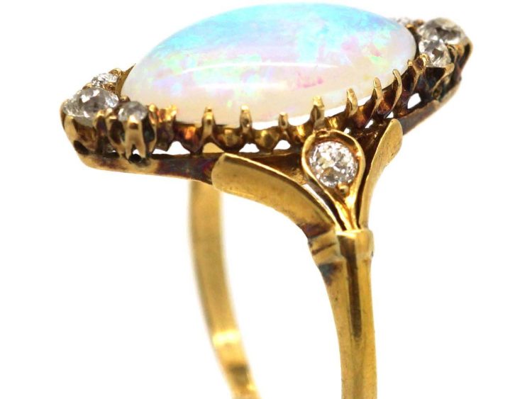 Edwardian 18ct Gold, Cabochon Opal & Diamond Ring