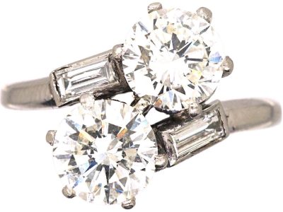 Art Deco Platinum Two Stone Diamond Crossover Ring with Baguette Diamond Shoulders
