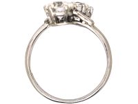Art Deco Platinum Two Stone Diamond Crossover Ring with Baguette Diamond Shoulders