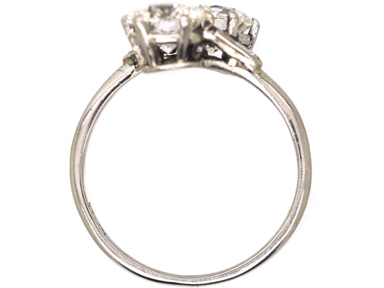 Art Deco Platinum Two Stone Diamond Crossover Ring with Baguette Diamond Shoulders