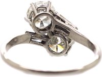 Art Deco Platinum Two Stone Diamond Crossover Ring with Baguette Diamond Shoulders