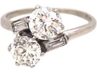 Art Deco Platinum Two Stone Diamond Crossover Ring with Baguette Diamond Shoulders
