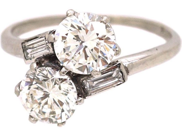 Art Deco Platinum Two Stone Diamond Crossover Ring with Baguette Diamond Shoulders