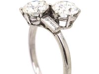 Art Deco Platinum Two Stone Diamond Crossover Ring with Baguette Diamond Shoulders