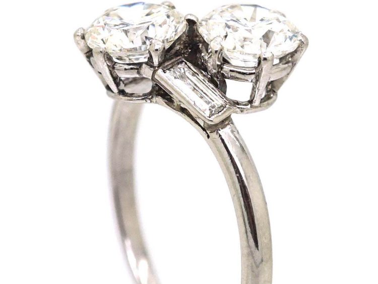 Art Deco Platinum Two Stone Diamond Crossover Ring with Baguette Diamond Shoulders