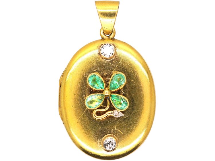 Victorian 18ct Gold Oval Locket with Four Leaf Clover Motif set with Emeralds & Diamonds