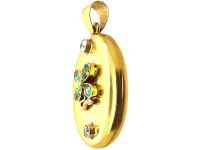 Victorian 18ct Gold Oval Locket with Four Leaf Clover Motif set with Emeralds & Diamonds