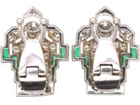 French Art Deco 18ct White Gold Emerald & Diamond Clip on Earrings