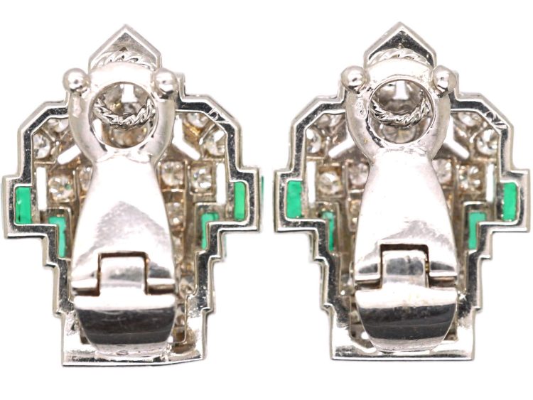 French Art Deco 18ct White Gold Emerald & Diamond Clip on Earrings