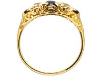 Victorian 18ct Gold Three Stone Sapphire & Diamond Carved Half Hoop Ring