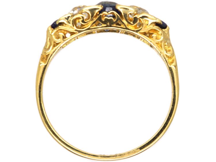 Victorian 18ct Gold Three Stone Sapphire & Diamond Carved Half Hoop Ring