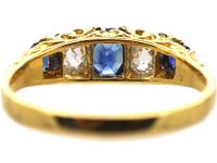 Victorian 18ct Gold Three Stone Sapphire & Diamond Carved Half Hoop Ring