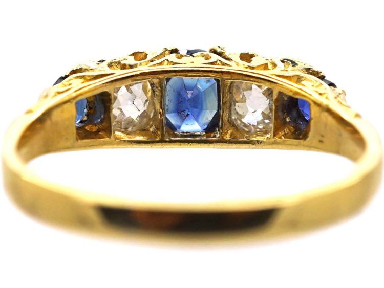 Victorian 18ct Gold Three Stone Sapphire & Diamond Carved Half Hoop Ring