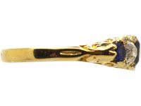 Victorian 18ct Gold Three Stone Sapphire & Diamond Carved Half Hoop Ring