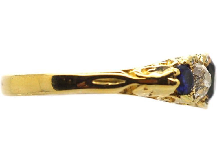 Victorian 18ct Gold Three Stone Sapphire & Diamond Carved Half Hoop Ring