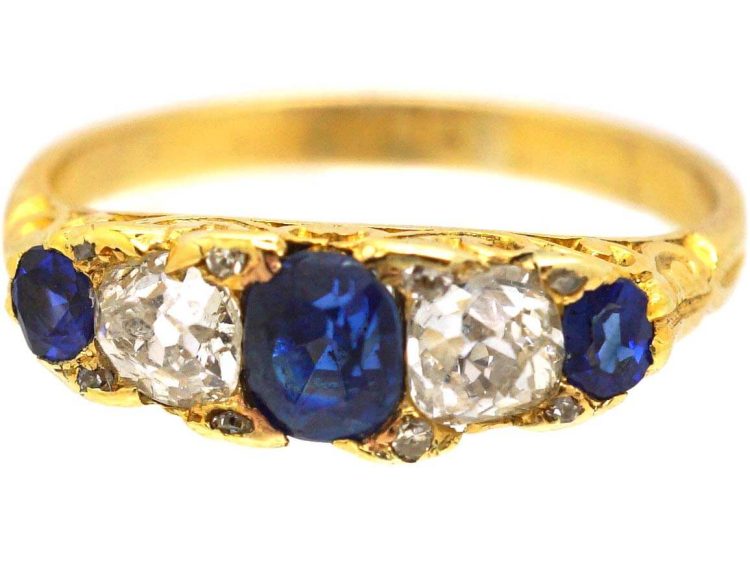 Victorian 18ct Gold Three Stone Sapphire & Diamond Carved Half Hoop Ring