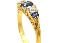 Victorian 18ct Gold Three Stone Sapphire & Diamond Carved Half Hoop Ring