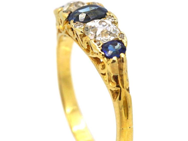 Victorian 18ct Gold Three Stone Sapphire & Diamond Carved Half Hoop Ring