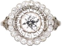 Art Deco Platinum & Diamond Cluster Target Ring with Greek Key Design Motif