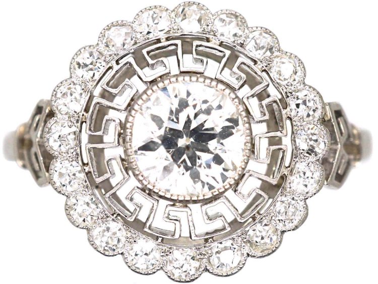 Art Deco Platinum & Diamond Cluster Target Ring with Greek Key Design Motif