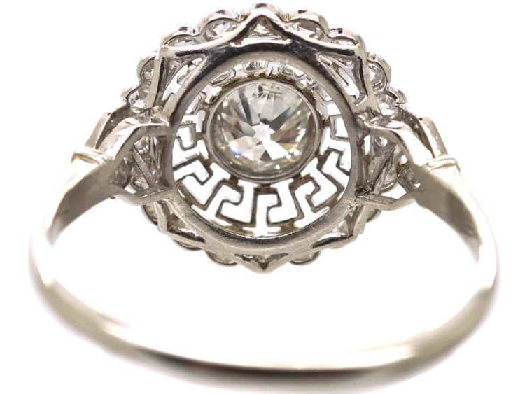 Art Deco Platinum & Diamond Cluster Target Ring with Greek Key Design Motif