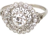 Art Deco Platinum & Diamond Cluster Target Ring with Greek Key Design Motif