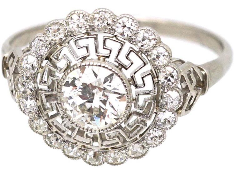 Art Deco Platinum & Diamond Cluster Target Ring with Greek Key Design Motif