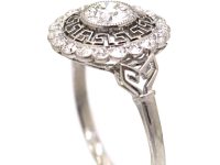 Art Deco Platinum & Diamond Cluster Target Ring with Greek Key Design Motif