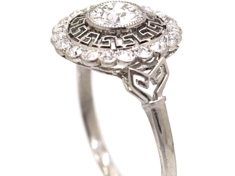 Art Deco Platinum & Diamond Cluster Target Ring with Greek Key Design Motif