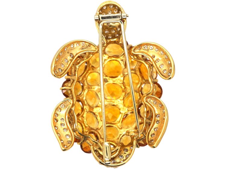 Vintage Large 18ct Gold Turtle Brooch set with Citrines, Diamonds and Rubies