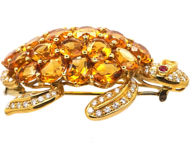 Vintage Large 18ct Gold Turtle Brooch set with Citrines, Diamonds and Rubies