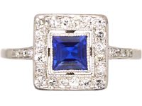 Art Deco Platinum, Sapphire & Diamond Square Ring with Diamond set Shoulders