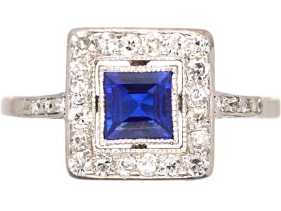 Art Deco Platinum, Sapphire & Diamond Square Ring with Diamond set Shoulders
