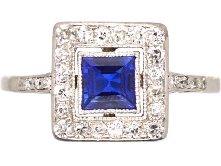 Art Deco Platinum, Sapphire & Diamond Square Ring with Diamond set Shoulders