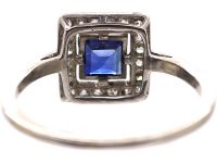 Art Deco Platinum, Sapphire & Diamond Square Ring with Diamond set Shoulders