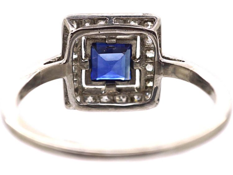 Art Deco Platinum, Sapphire & Diamond Square Ring with Diamond set Shoulders