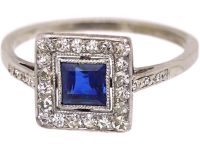 Art Deco Platinum, Sapphire & Diamond Square Ring with Diamond set Shoulders