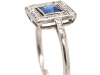 Art Deco Platinum, Sapphire & Diamond Square Ring with Diamond set Shoulders