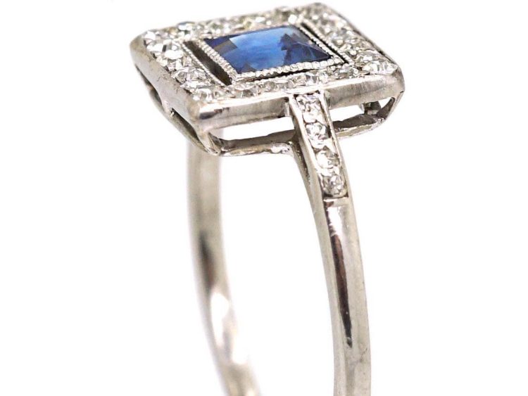 Art Deco Platinum, Sapphire & Diamond Square Ring with Diamond set Shoulders