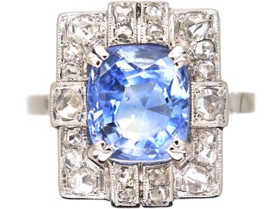 Art Deco French Import 18ct White Gold Rectangular Ring set with a Sapphire & Diamonds