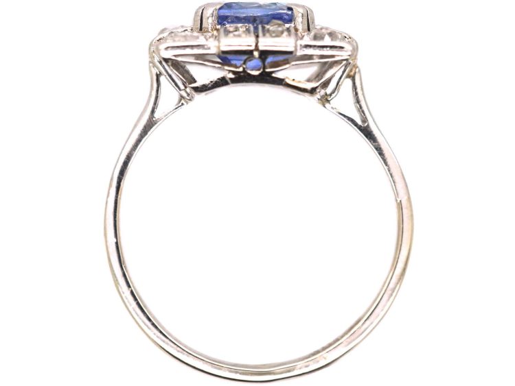 Art Deco French Import 18ct White Gold Rectangular Ring set with a Sapphire & Diamonds