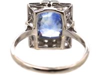 Art Deco French Import 18ct White Gold Rectangular Ring set with a Sapphire & Diamonds