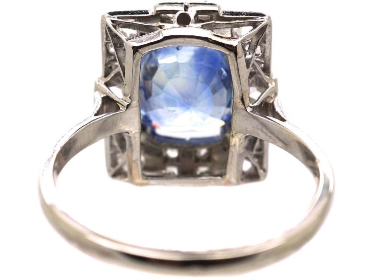 Art Deco French Import 18ct White Gold Rectangular Ring set with a Sapphire & Diamonds